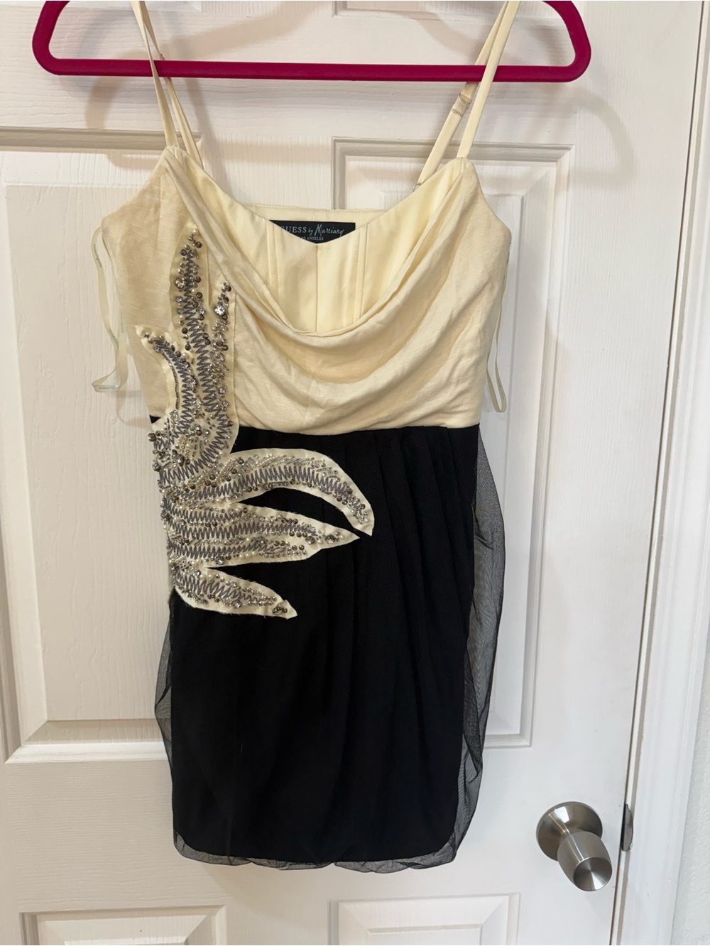 Guess by Marciano Ivory and Black Beaded Spaghetti Strap Mini Dress